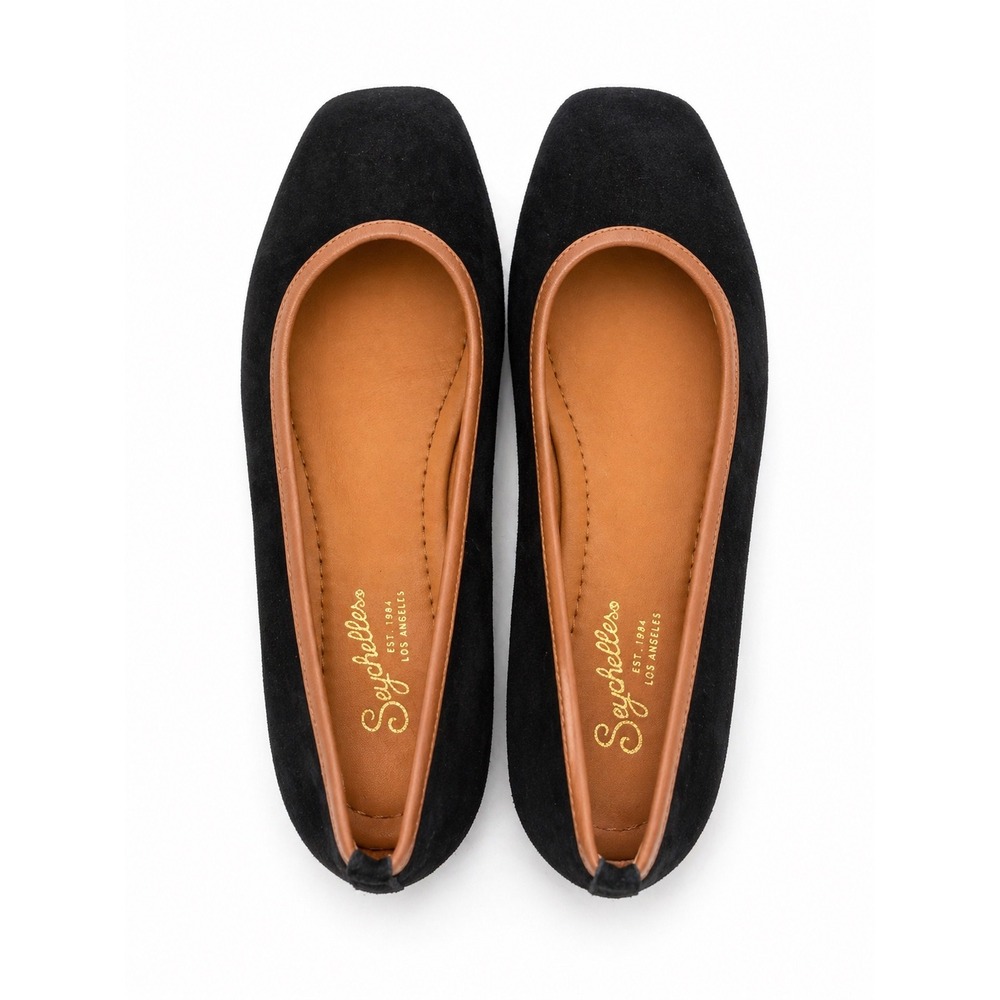 Seychelles Black Suede Square Toe Ballet Flats with Tan Leather Trim Size 9